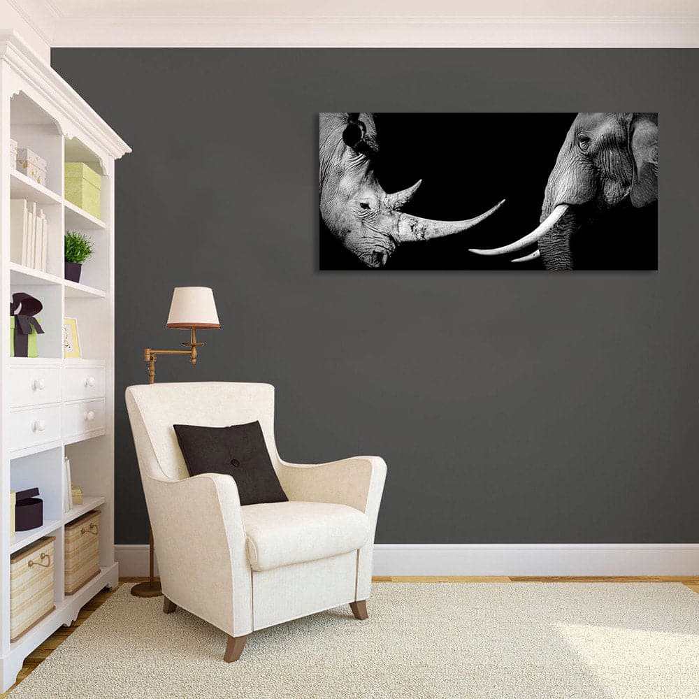 Pine Stretched  Framed 1 Panel - African Rhino & Elephant