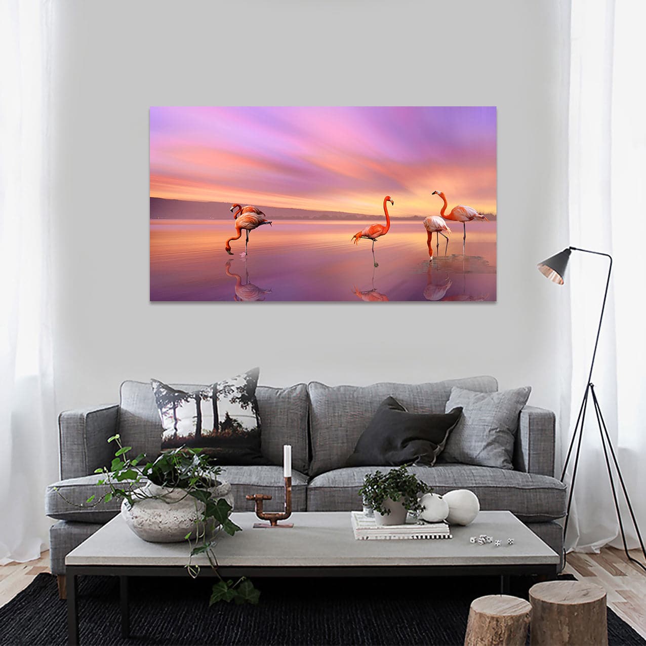 Pine Stretched  Framed 1 Panel - Flamingos
