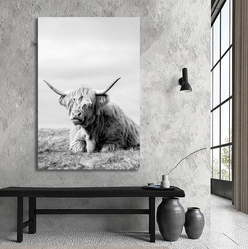 Modern Animal Canvas Wall Art Print Poster | Home Decor | Stretched 1 Panel - Highland Cow