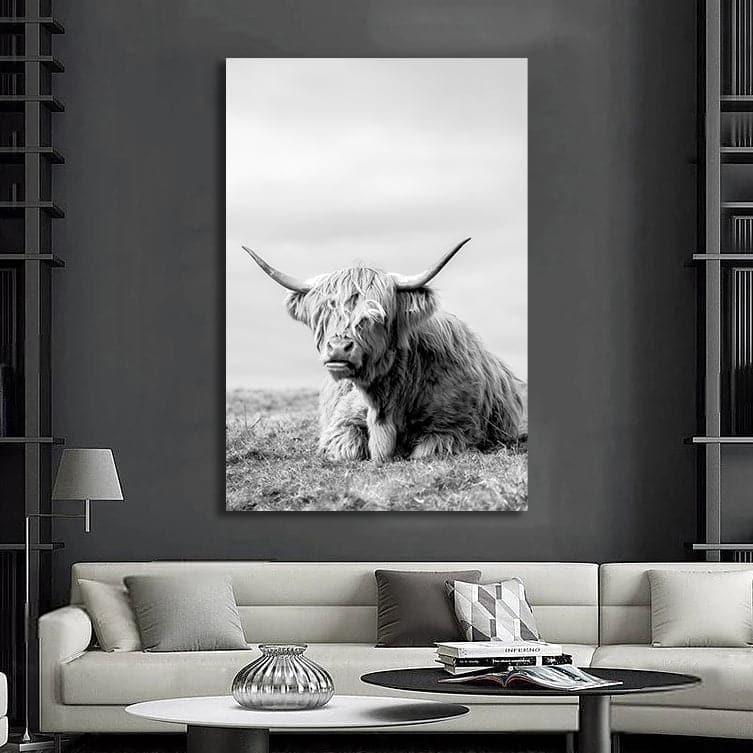 Modern Animal Canvas Wall Art Print Poster | Home Decor | Stretched 1 Panel - Highland Cow