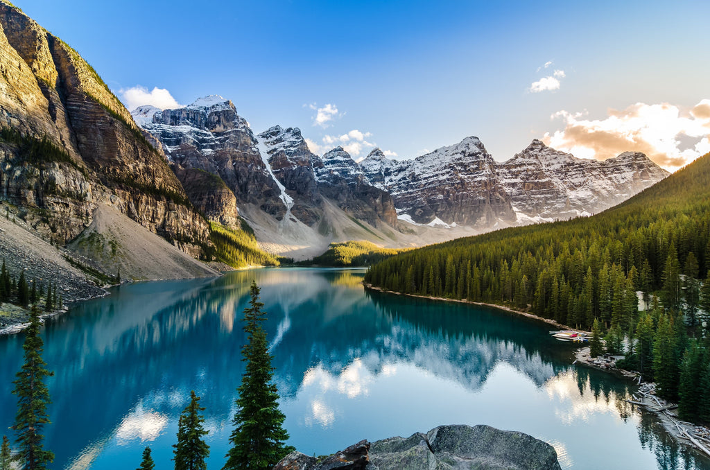Pine Stretched  Framed 1 Panel - Scenic view of Moraine lake and mountain range at sunset