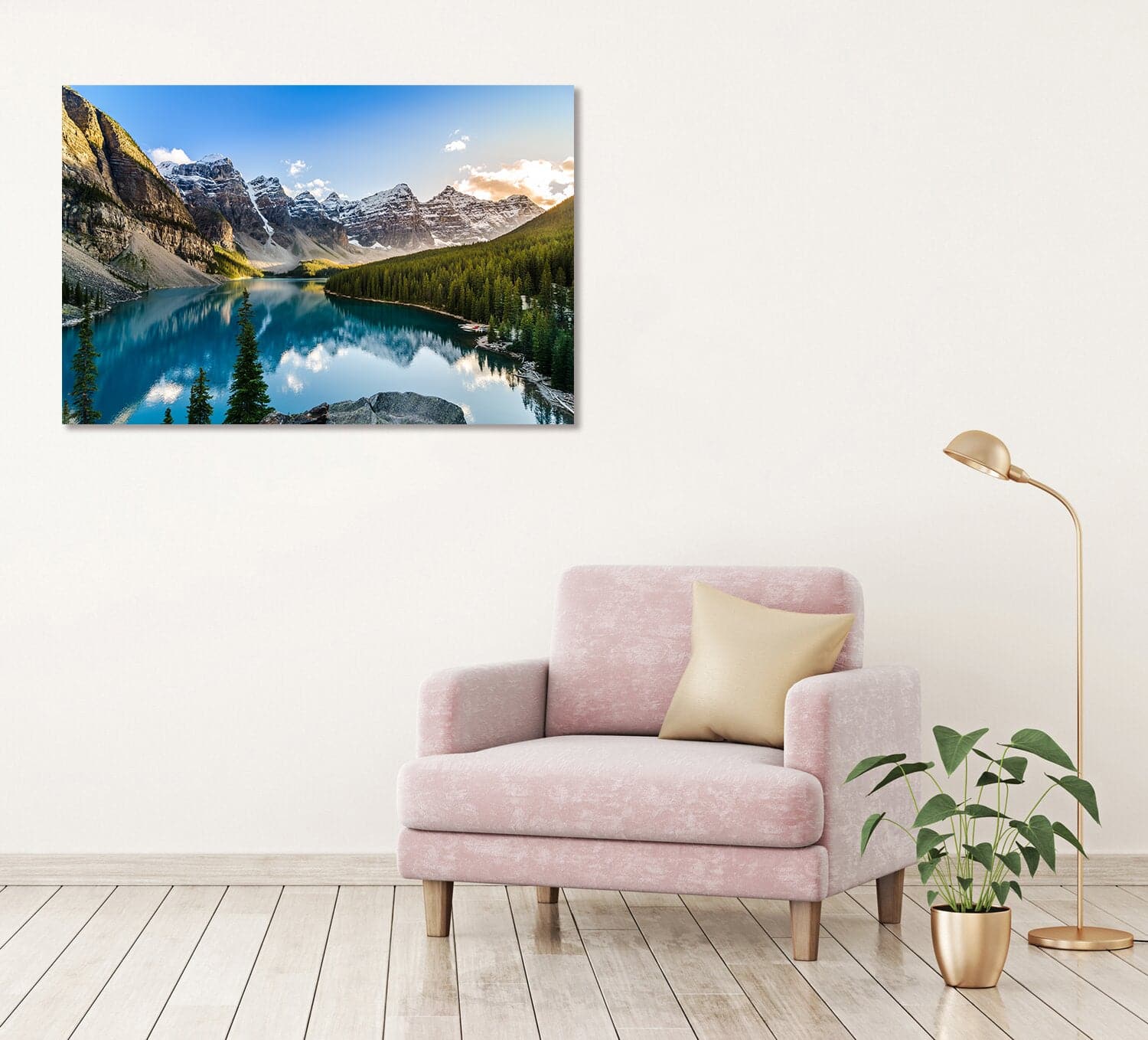 Framed 1 Panel - Scenic view of Moraine lake and mountain range at sunset