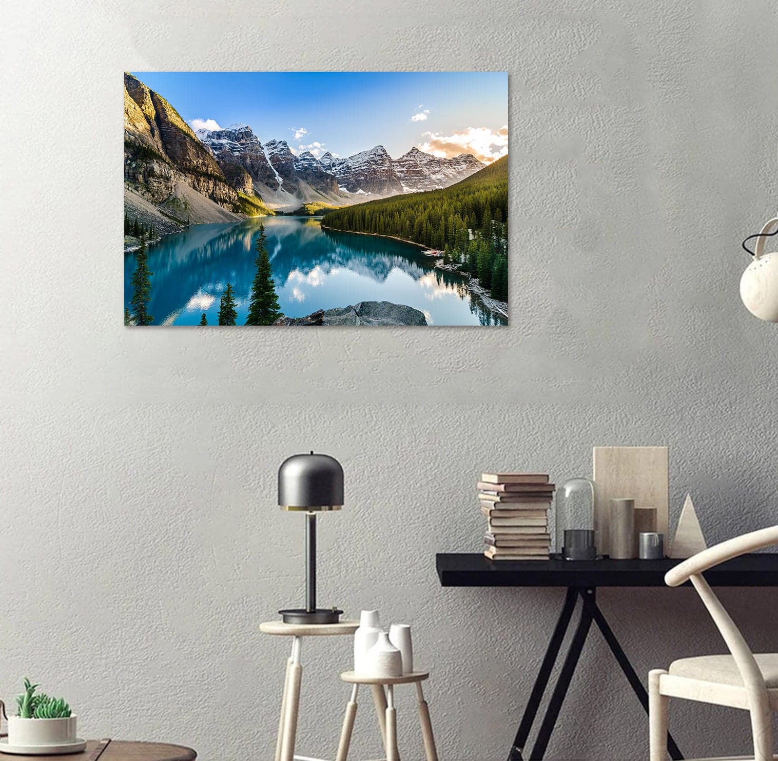 Framed 1 Panel - Scenic view of Moraine lake and mountain range at sunset