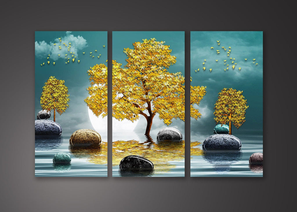 Framed 3 Panels - Golden Tree (3D Style)