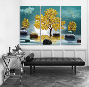 Framed 3 Panels - Golden Tree (3D Style)