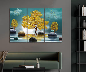 Framed 3 Panels - Golden Tree (3D Style)