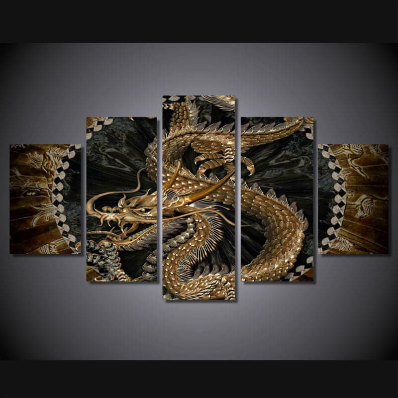 Pine Stretched  Framed 5 Panels - Dragon
