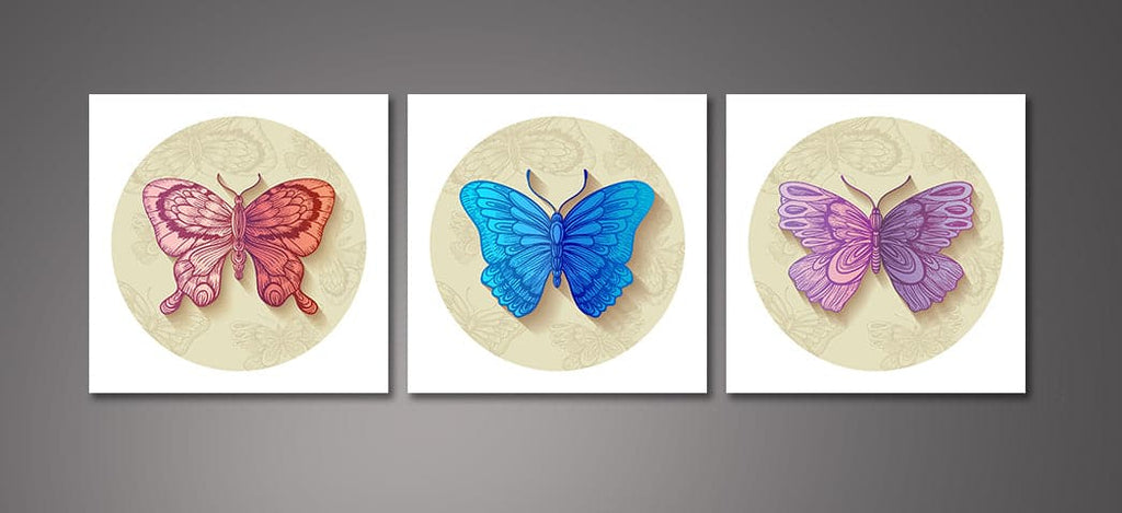 Pine Stretched  Framed 3 Panels - Butterflies
