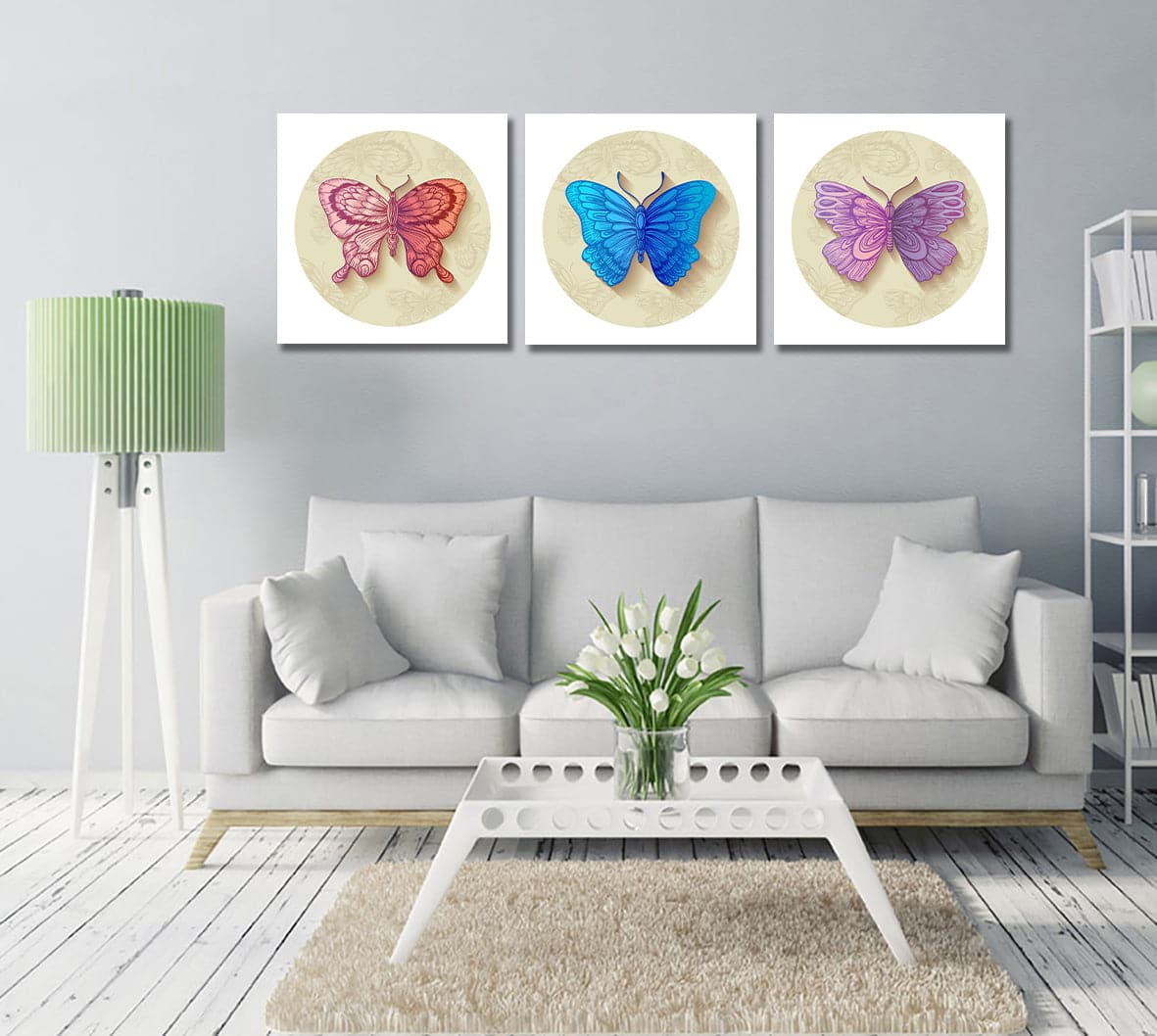 Pine Stretched  Framed 3 Panels - Butterflies