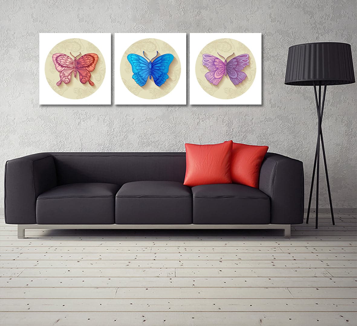 Pine Stretched  Framed 3 Panels - Butterflies