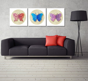 Pine Stretched  Framed 3 Panels - Butterflies