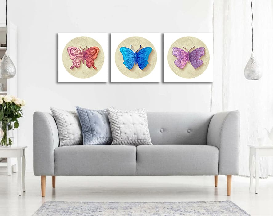 Pine Stretched  Framed 3 Panels - Butterflies
