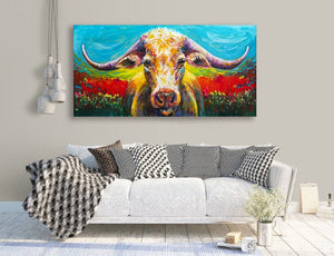 Pine Stretched  Framed 1 Panel - Long Horn Cow