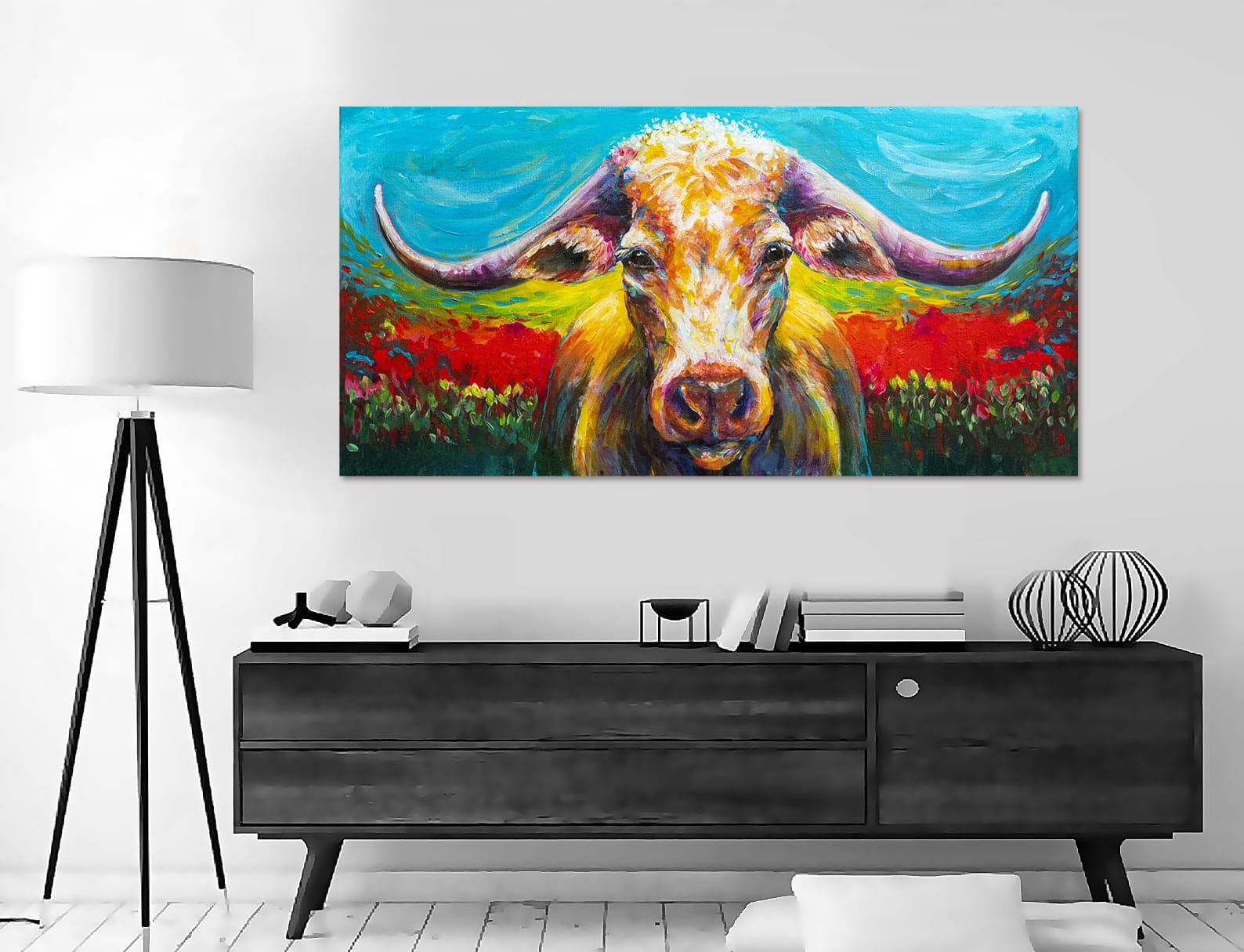 Pine Stretched  Framed 1 Panel - Long Horn Cow
