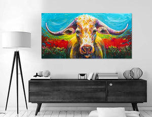 Pine Stretched  Framed 1 Panel - Long Horn Cow