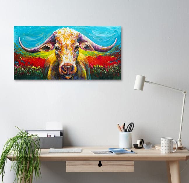 Pine Stretched  Framed 1 Panel - Long Horn Cow