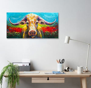 Pine Stretched  Framed 1 Panel - Long Horn Cow