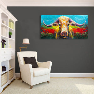 Pine Stretched  Framed 1 Panel - Long Horn Cow