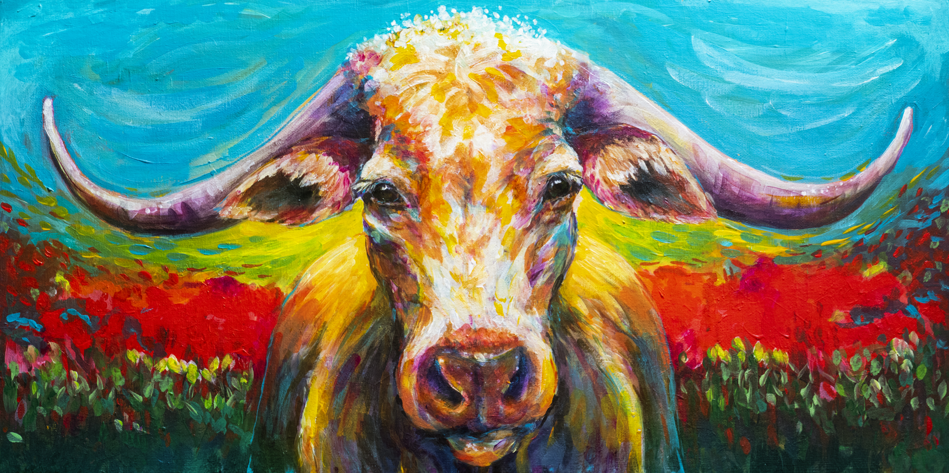 Pine Stretched  Framed 1 Panel - Long Horn Cow