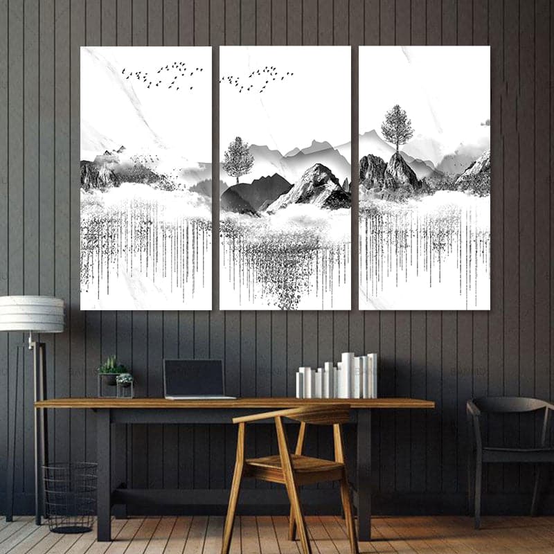 Framed 3 Panels - Ink Landscape