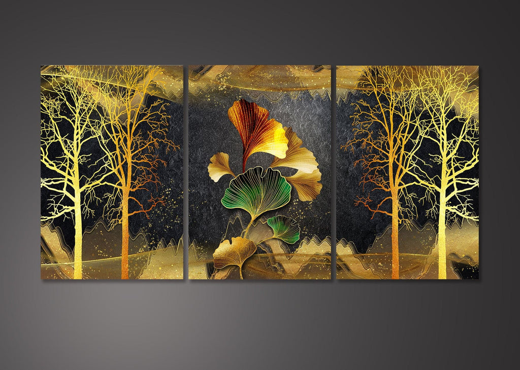 Framed 3 Panels - Golden Ginkgo (3D Style)