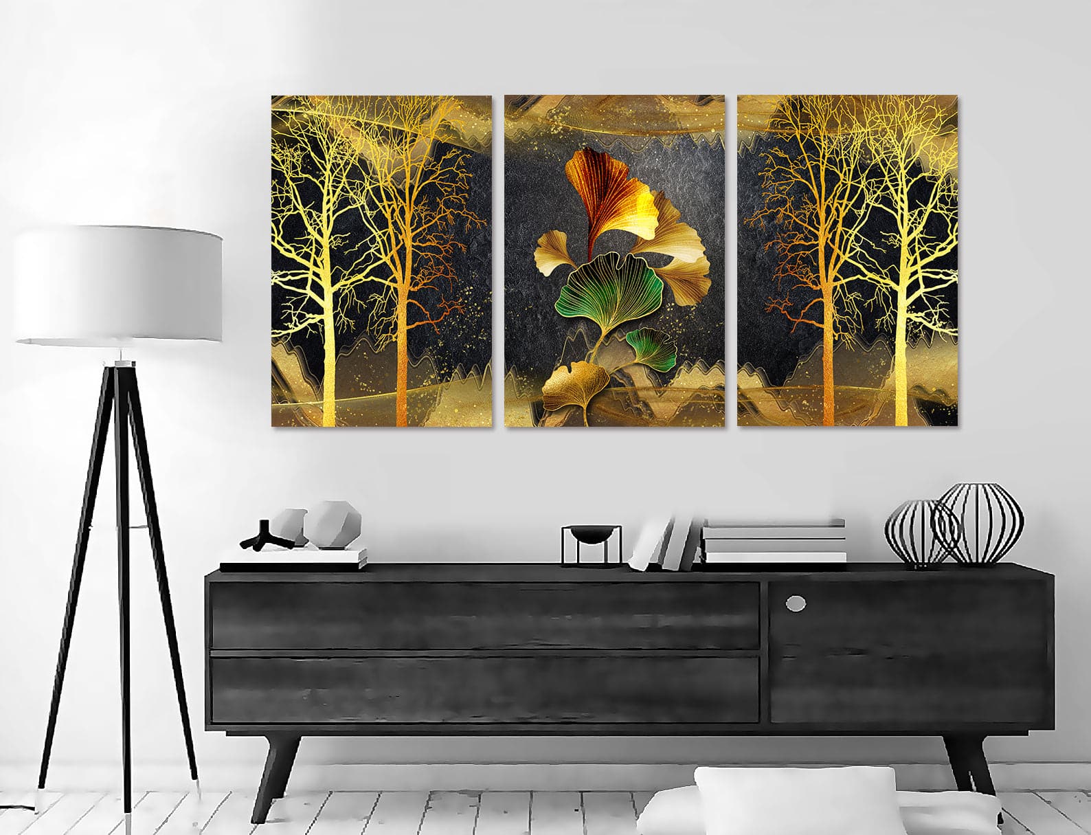 Pine Stretched  Framed 3 Panels - Golden Ginkgo (3D Style)