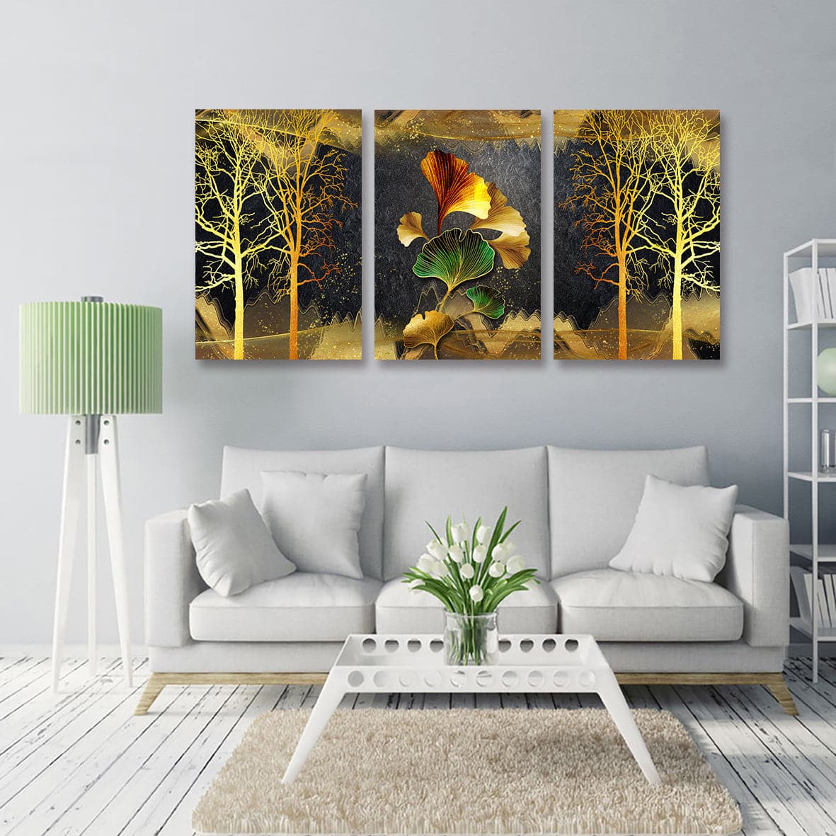 Pine Stretched  Framed 3 Panels - Golden Ginkgo (3D Style)