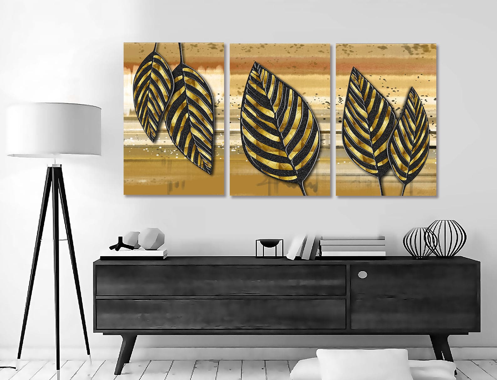 Framed 3 Panels - Leaves (3D Style)