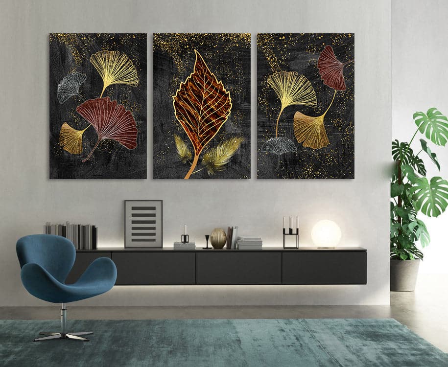 Framed 3 Panels - Ginkgo Leaves (3D Style)