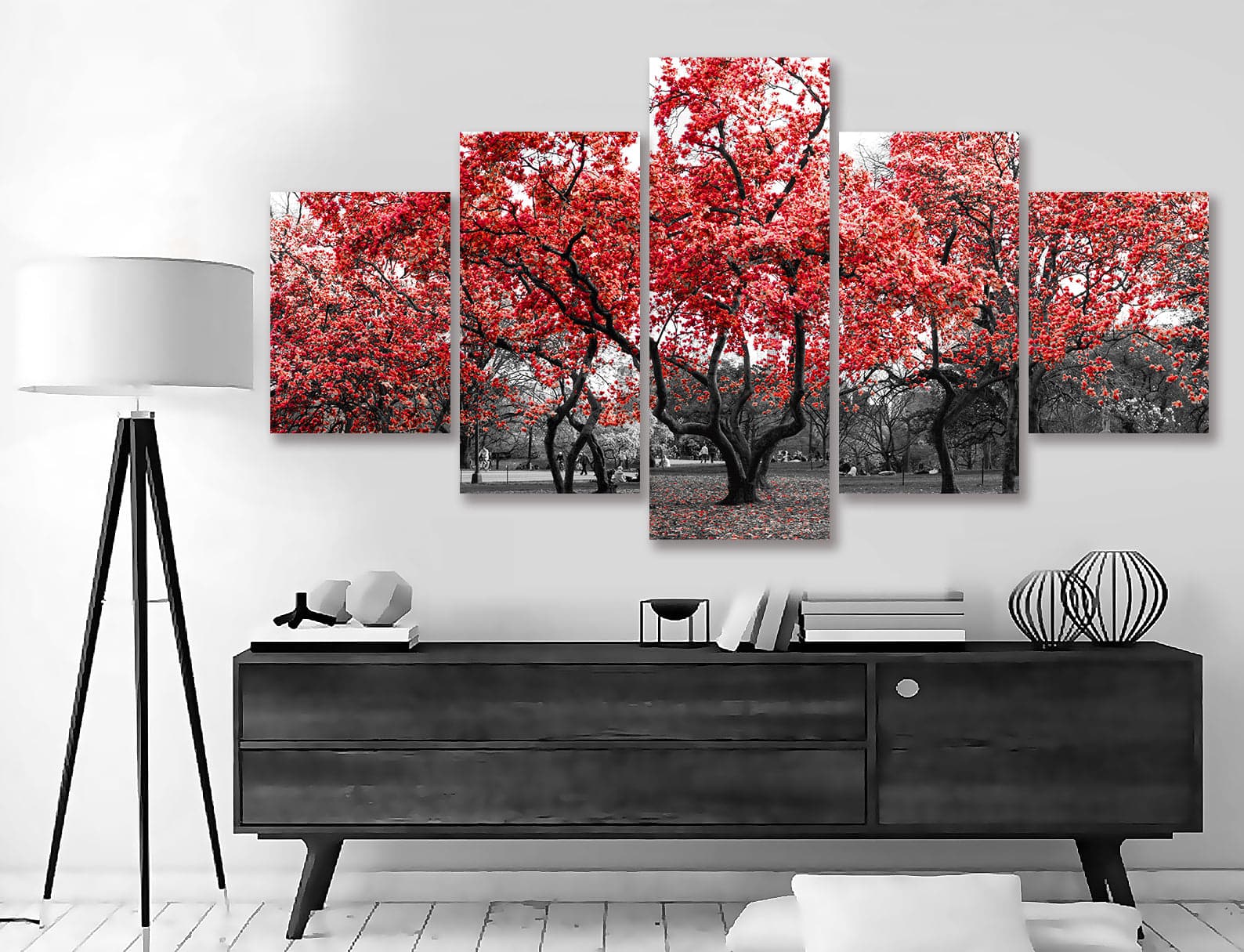 Framed 5 Panels - Red Tree