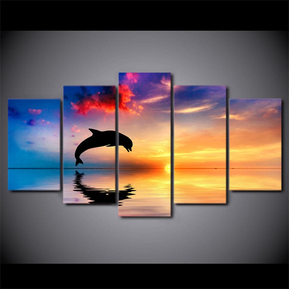 Pine Stretched  Framed 5 Panels - Dolphin
