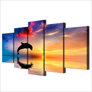 Pine Stretched  Framed 5 Panels - Dolphin