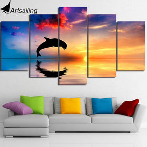 Pine Stretched  Framed 5 Panels - Dolphin