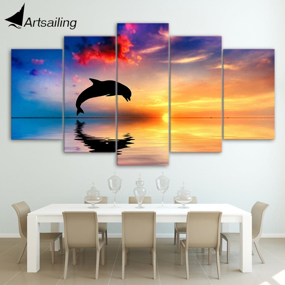 Pine Stretched  Framed 5 Panels - Dolphin