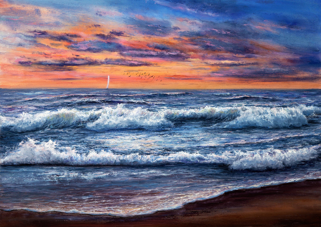 Pine Stretched  Framed 1 Panel - Sunset over ocean