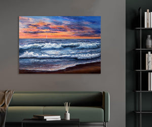 Pine Stretched  Framed 1 Panel - Sunset over ocean