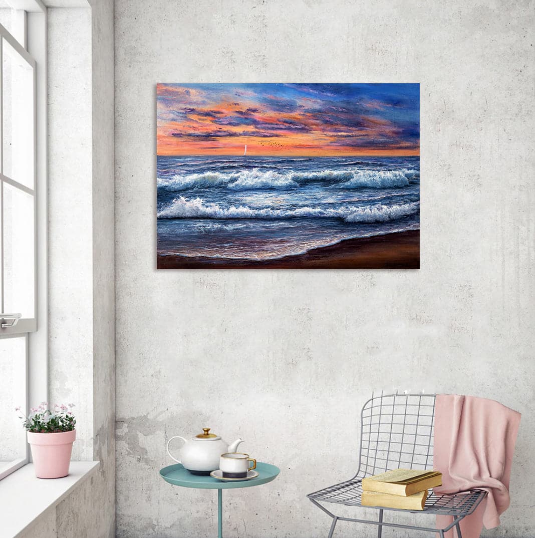 Pine Stretched  Framed 1 Panel - Sunset over ocean