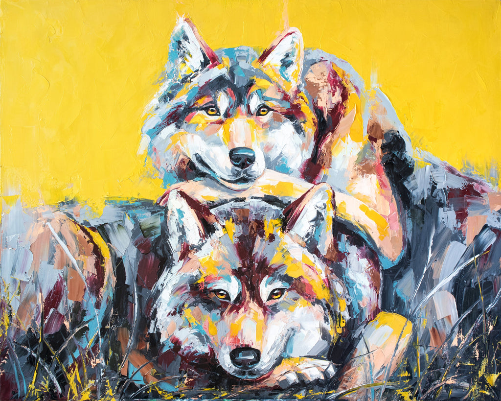 Pine Stretched  Framed 1 Panel - Wolf portrait painting in multicolored tones