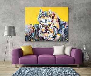 Pine Stretched  Framed 1 Panel - Wolf portrait painting in multicolored tones
