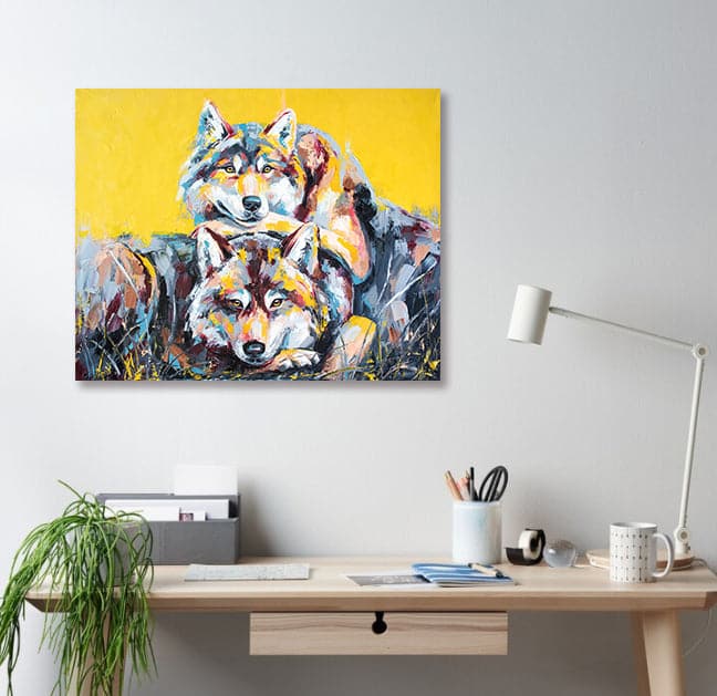 Pine Stretched  Framed 1 Panel - Wolf portrait painting in multicolored tones