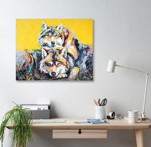 Pine Stretched  Framed 1 Panel - Wolf portrait painting in multicolored tones