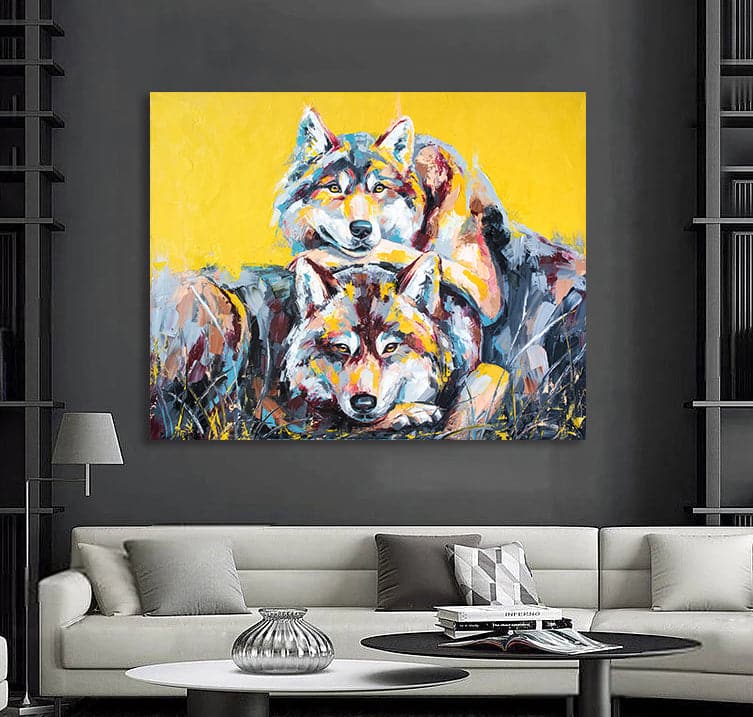 Pine Stretched  Framed 1 Panel - Wolf portrait painting in multicolored tones