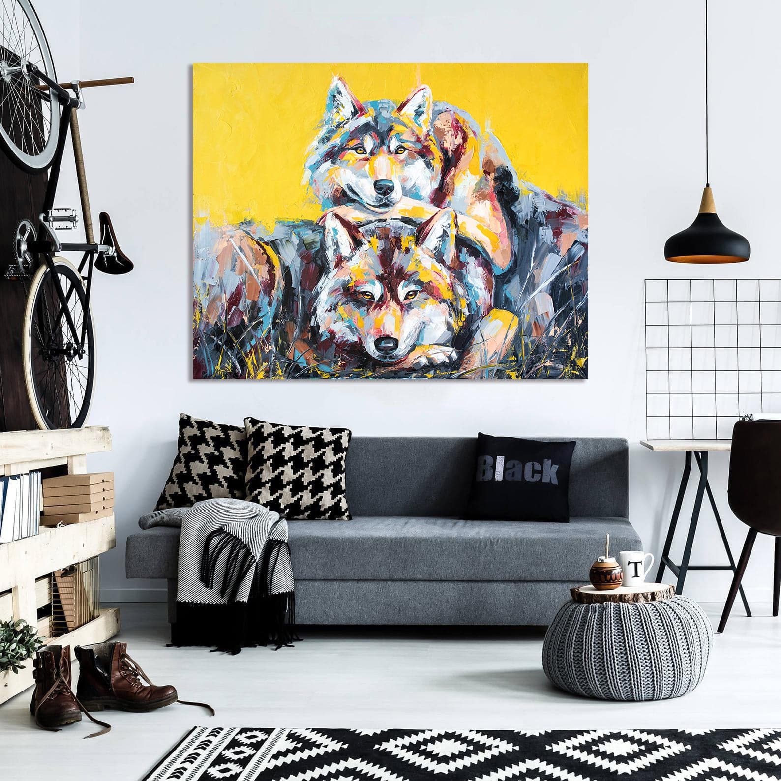 Pine Stretched  Framed 1 Panel - Wolf portrait painting in multicolored tones