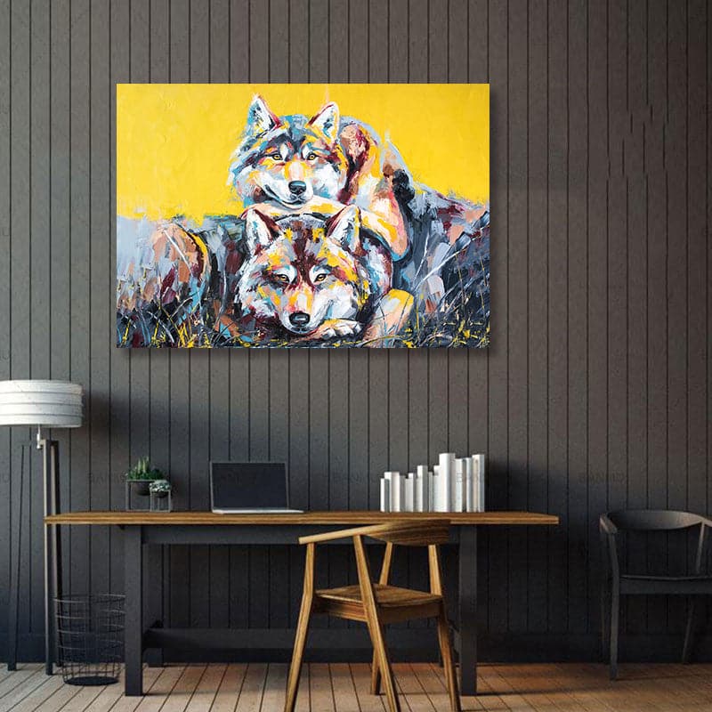Pine Stretched  Framed 1 Panel - Wolf portrait painting in multicolored tones