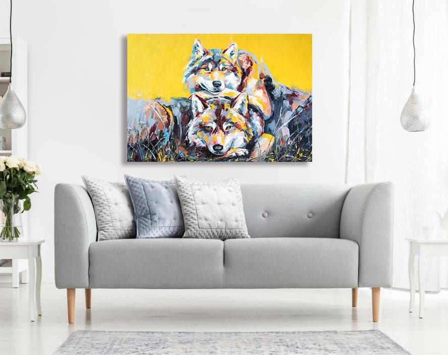Pine Stretched  Framed 1 Panel - Wolf portrait painting in multicolored tones