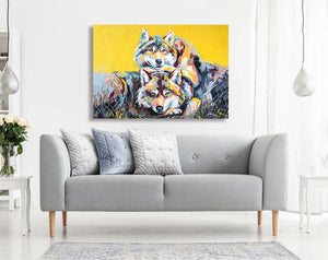 Pine Stretched  Framed 1 Panel - Wolf portrait painting in multicolored tones