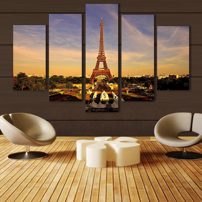 Pine Stretched  Framed 5 Panels - Eiffel Tower