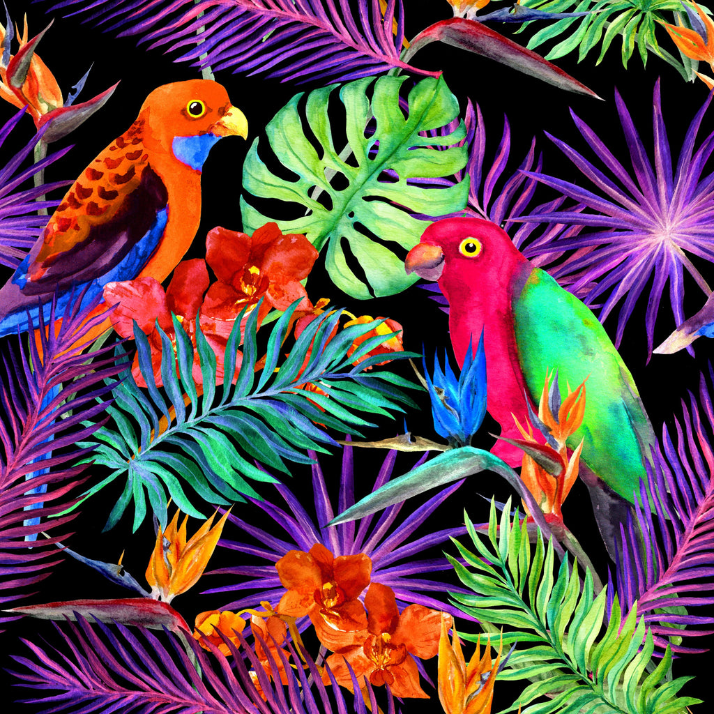 Pine Stretched  Framed 1 Panel - Watercolor - Parrot birds in neon