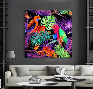 Pine Stretched  Framed 1 Panel - Watercolor - Parrot birds in neon