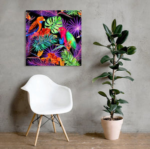 Pine Stretched  Framed 1 Panel - Watercolor - Parrot birds in neon